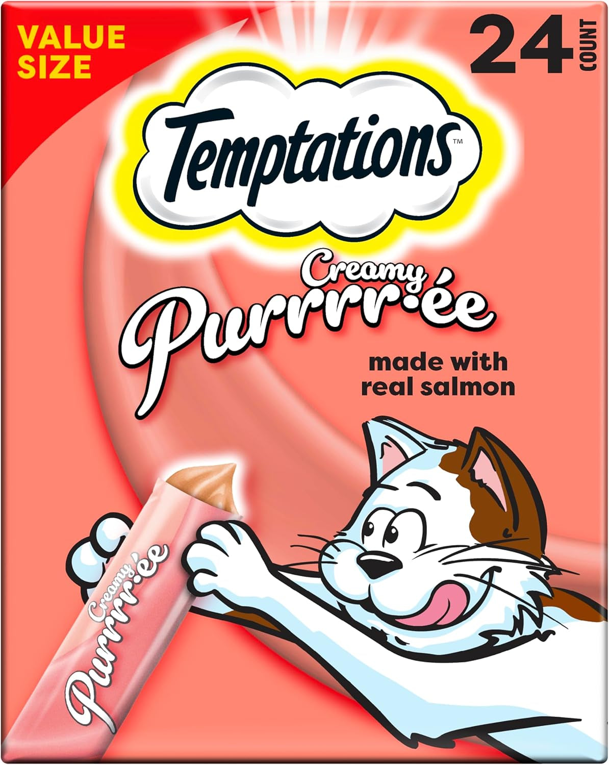 Creamy Puree with Salmon Lickable, Squeezable Cat Treats, 0.42 Oz Pouches, 24 Count